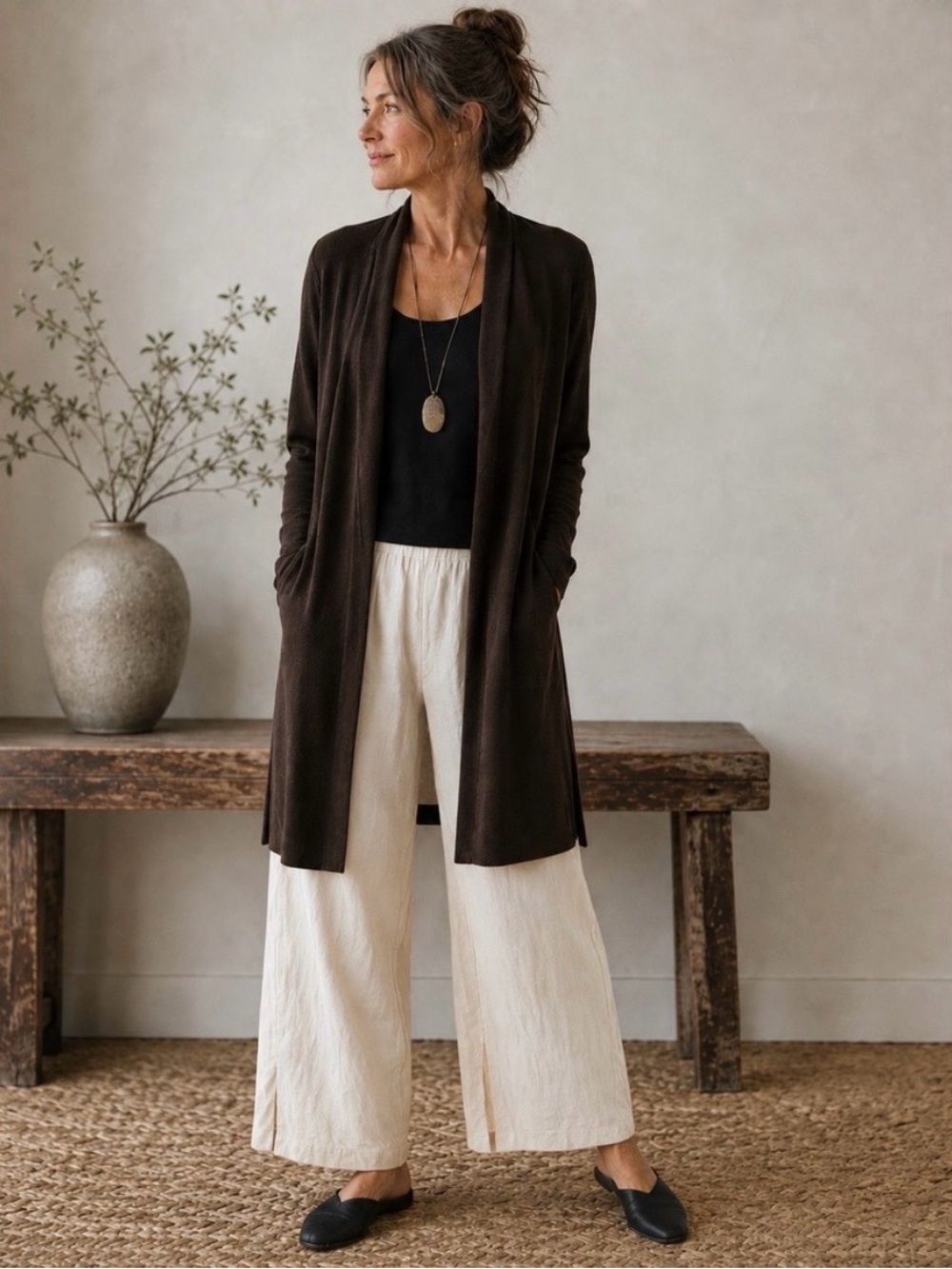 Eileen Fisher Womens Merino Wool Long Cardigan Sweater Size L Brown Open Front